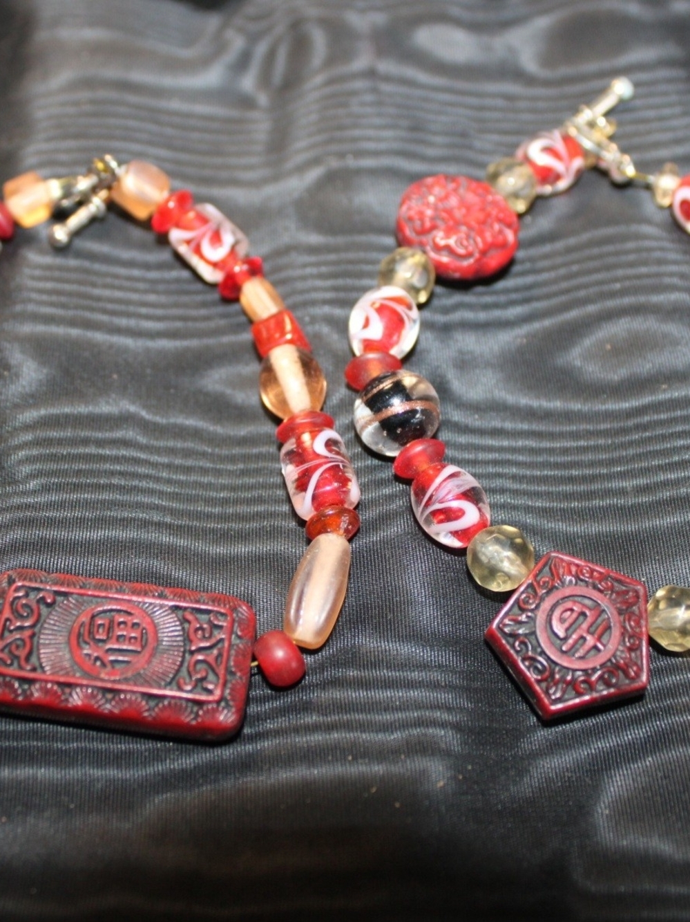 Vintage Red Chinese-Inspired Beaded Bracelets 2 Piece Set Glass & Carved Beads